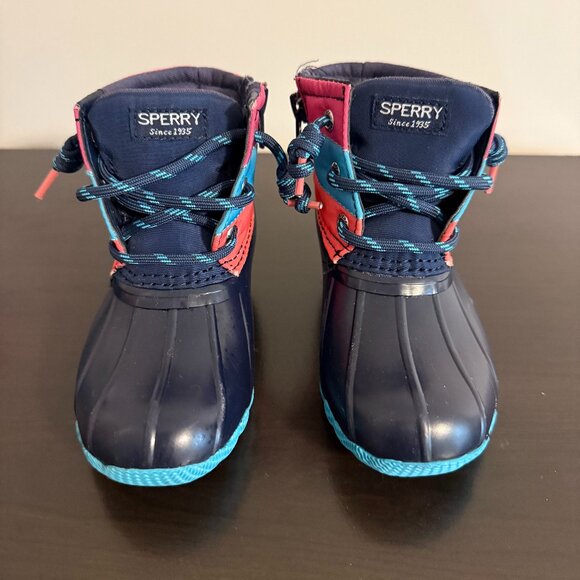 Sperry Toddler Duck Boots Size 7 Navy Teal Pink Lace-Up Rain Boots - Picture 2 of 8